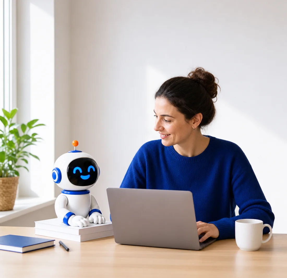 Consultant werkt met de Astro-mascotte in haar thuisbureau