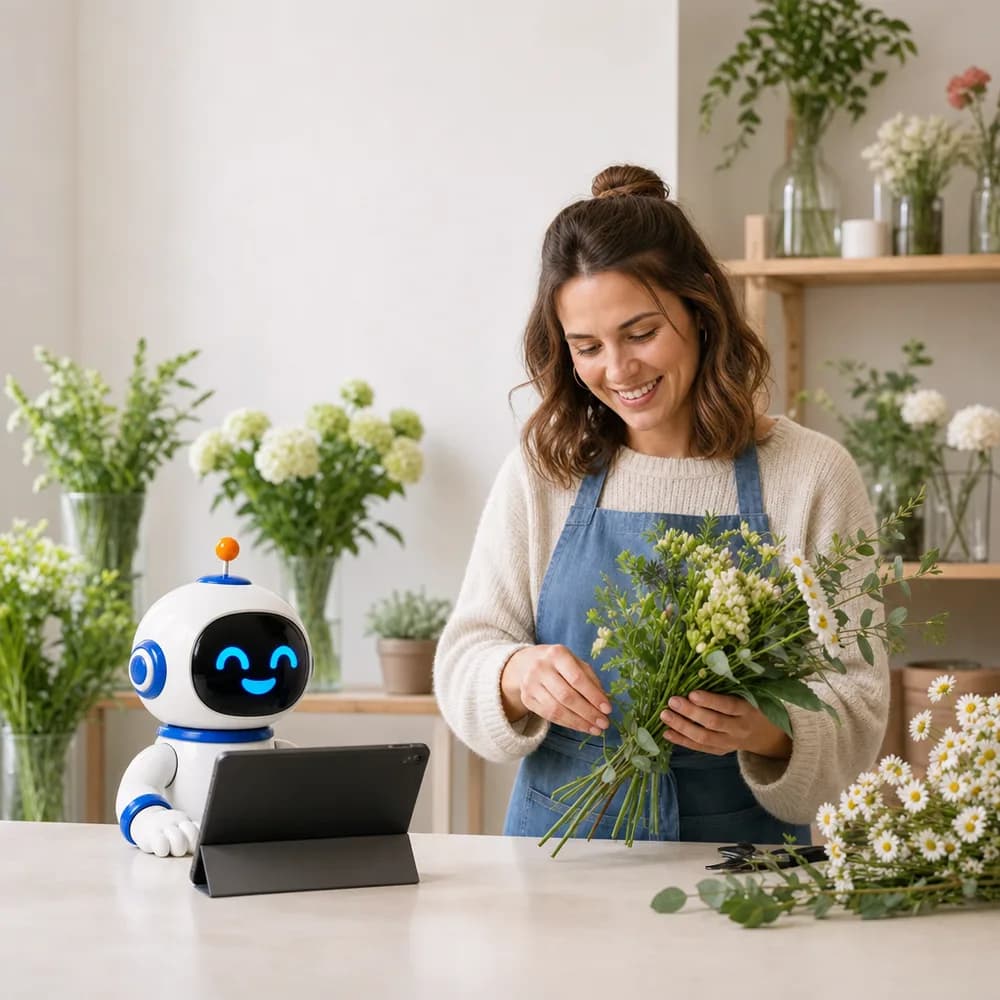 Een bloemiste werkt samen met de Astro-mascotte in haar atelier