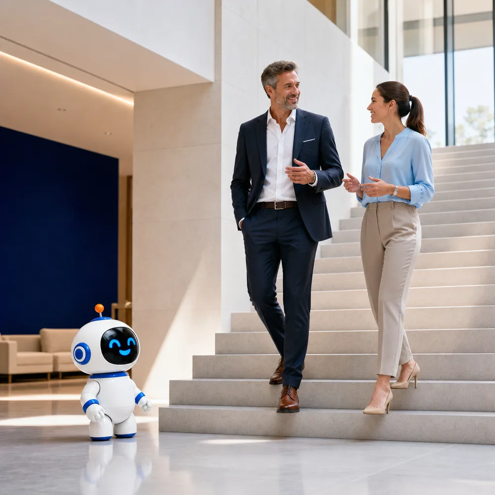 Twee bestuurders lopen met de Astro-mascotte door een bedrijfslobby