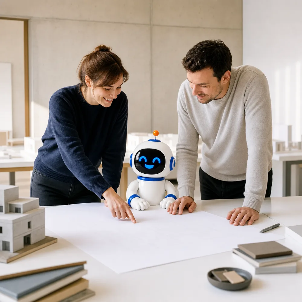 Twee architecten bekijken samen met de Astro-mascotte hun plannen