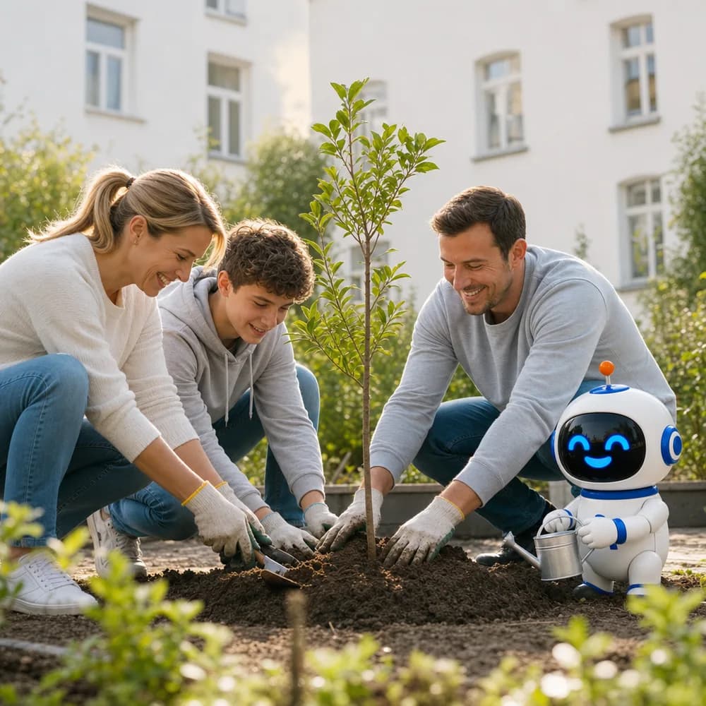 Vrijwilligers planten samen met de Astro-mascotte een jonge boom