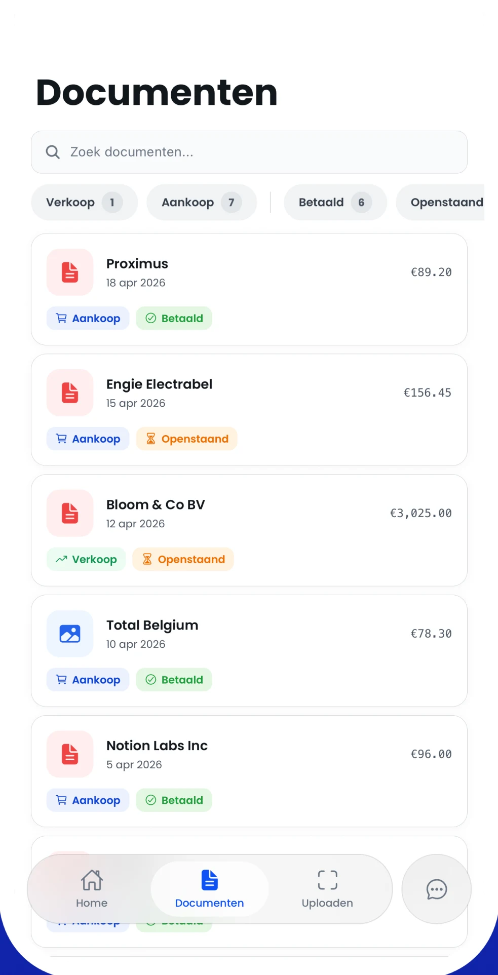 De documentenlijst in de app met filters voor verkoop, aankoop, betaald en openstaand