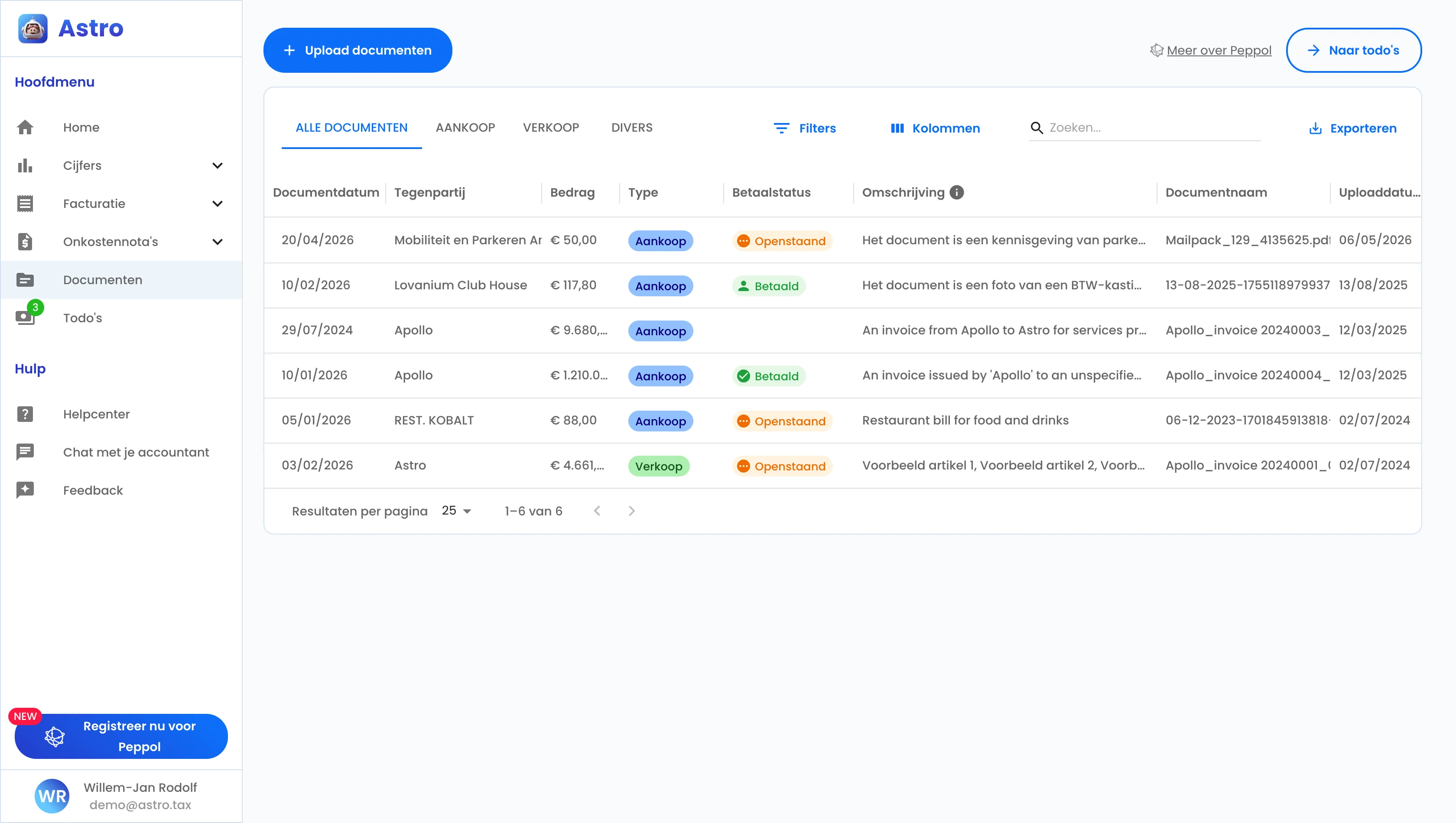 De documentenlijst met de tabbladen bovenaan en de kolommen datum, tegenpartij, bedrag, type en betaalstatus