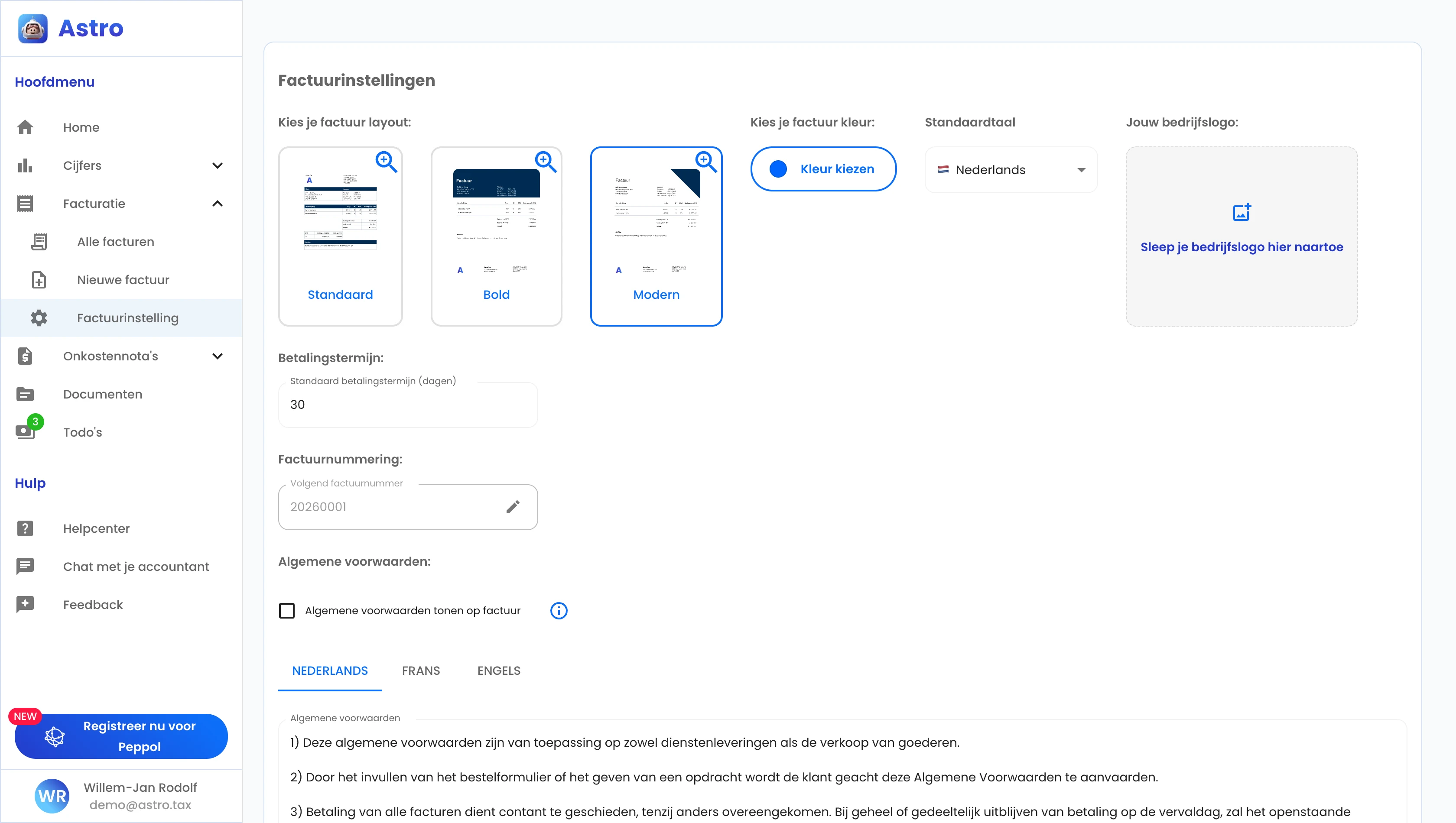 Het instellingenscherm met layout en kleur, taal, betalingstermijn, nummering en algemene voorwaarden