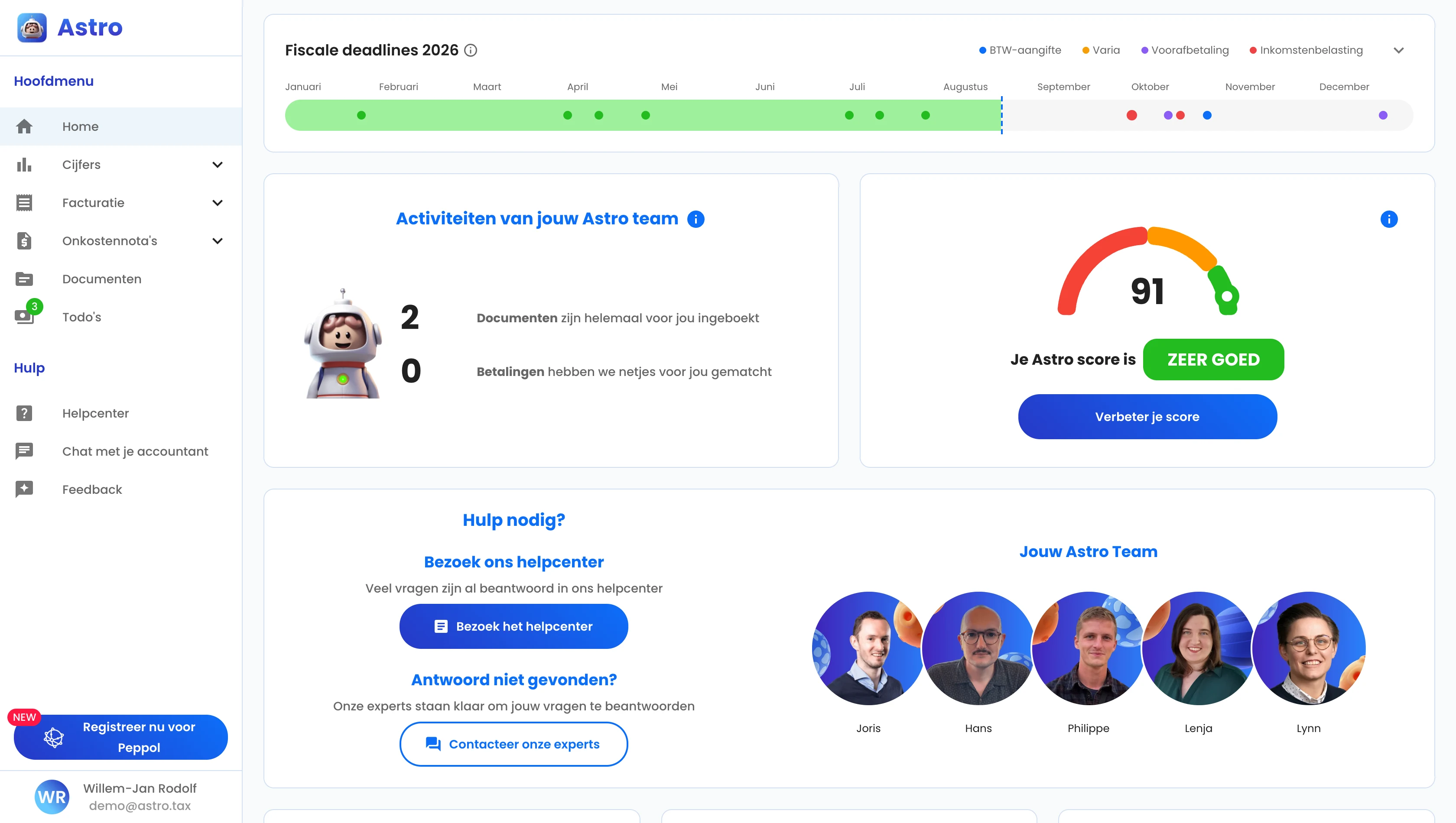 Het startscherm met de fiscale deadlines, de activiteiten van je Astro-team en je Astro Score