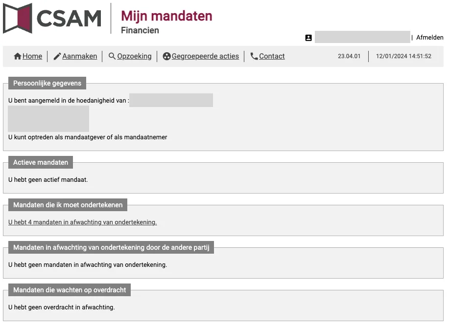 Het CSAM-overzicht met bovenaan de keuze Gegroepeerde acties