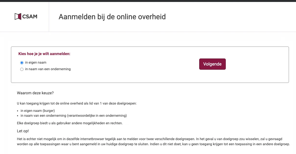 De aanmeldpagina van CSAM met de keuze In eigen naam