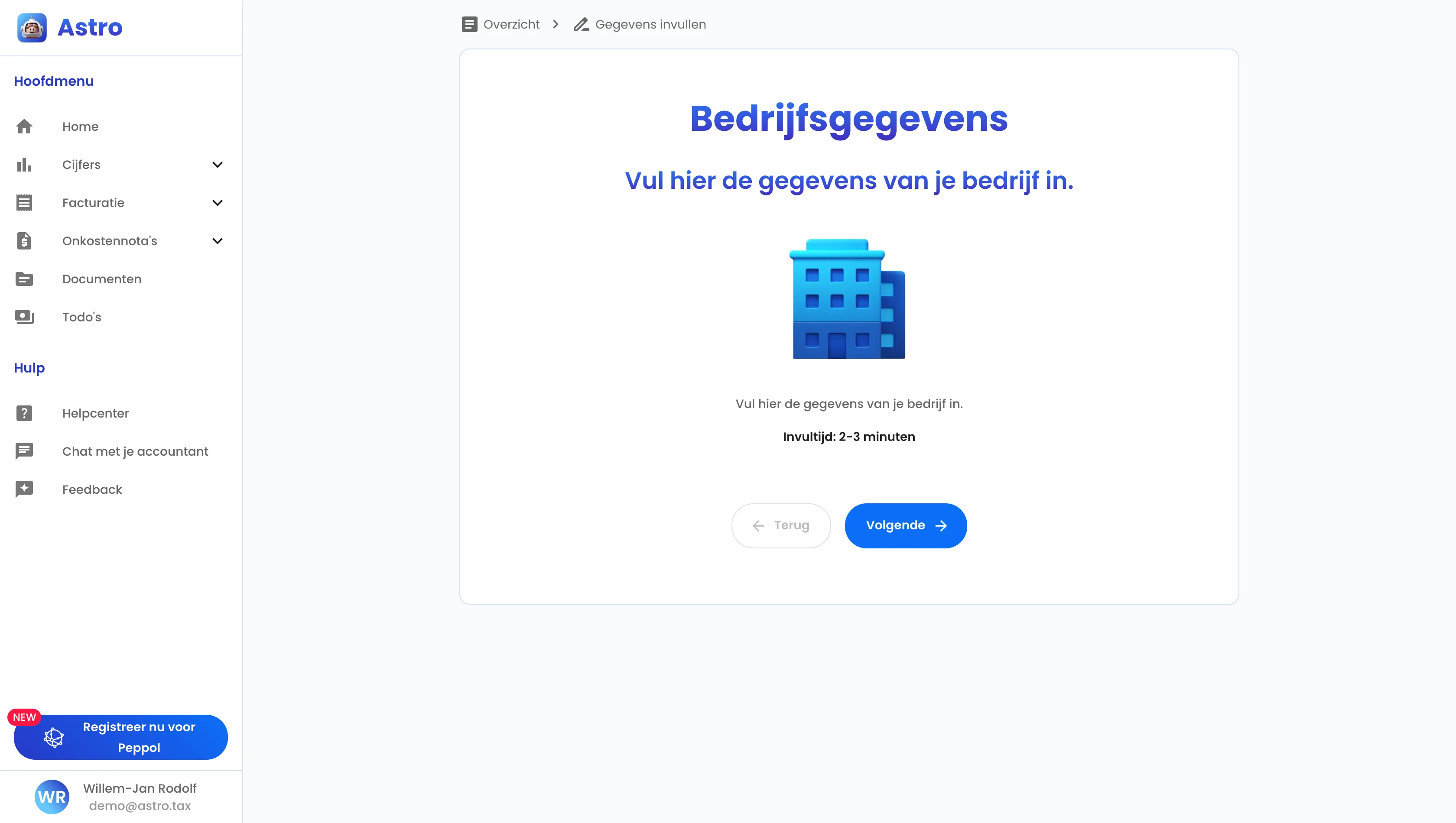 Het oprichtingsformulier met de bedrijfsgegevens, stap 1 van 2
