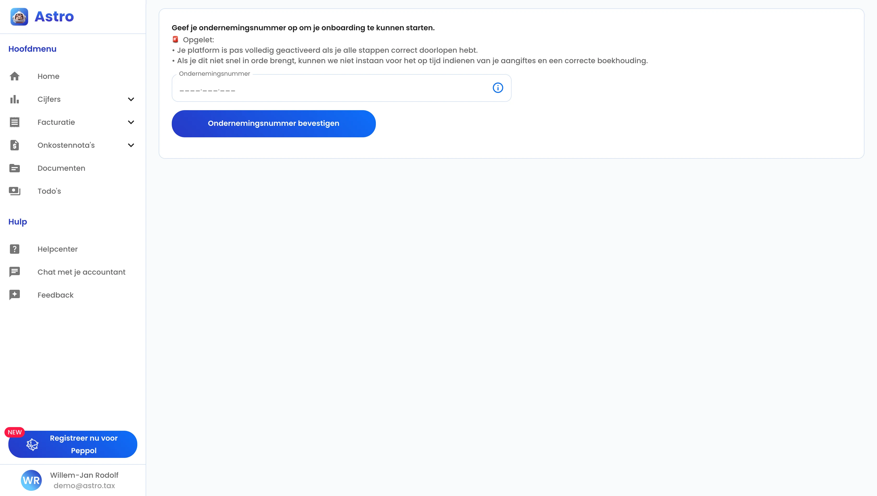 Het overzichtsscherm van het oprichtingsproces met de stappen en een voortgangsbalk