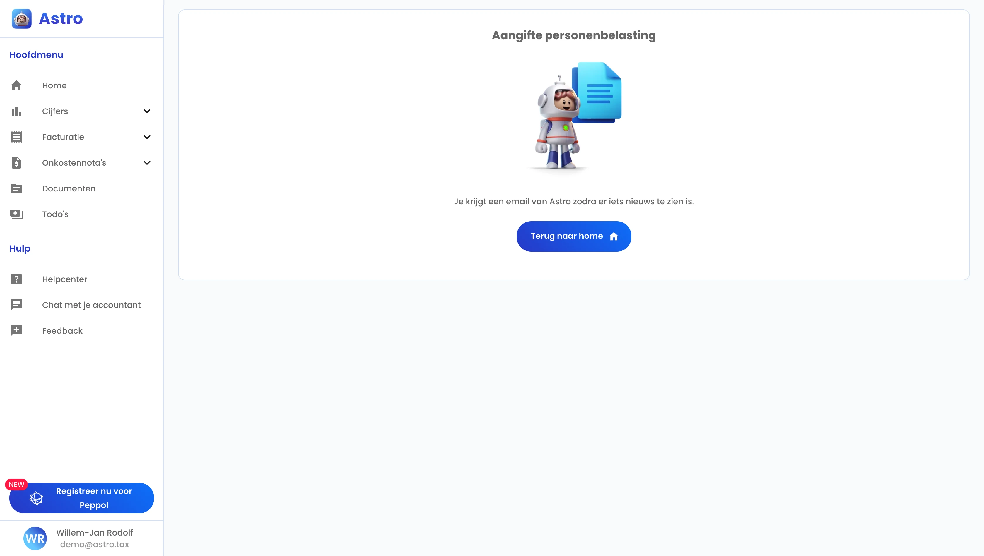 Het overzicht van de vragenlijst personenbelasting met de voortgangsbalk en de lijst met stappen